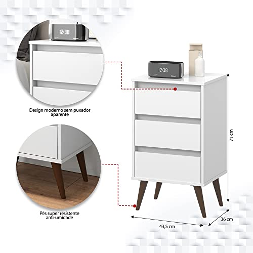 Mesa de Cabeceira Estilo Retro Wood com 3 Gavetas e Pés em Madeira Maciça Branco