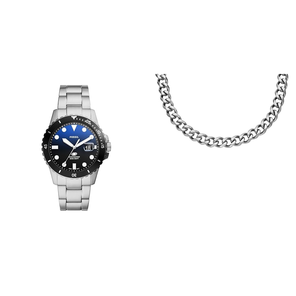 Fossil Herrenuhr Blue Dive und Halskette Schmuck, silberfarbener Edelstahl, Set