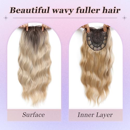 Hair Toppers for Women, 20 Inch Long Curly Wavy Hair Topper 360° 3D French Clip in Bangs (Highlights Champagne Blonde with Dark Root, Side Bangs)