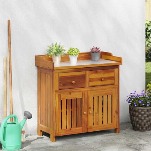 QUAHEAS Armario de jardín natural de madera maciza de acacia, 78 x 36,5 x 78 cm, con 2 cajones, 2 estantes, puertas al aire libre, almacenamiento funcional y espacio de almacenamiento