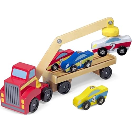 Melissa & Doug Magnetic Car Loader Wooden Toy Set with 4 Cars and Toy Truck - Pretend Play and Race Car Fun for Preschool Toys, Ages 3+