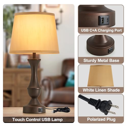 Image of Luvkczc 22 inch Table Lamp Set of 2 - Farmhouse Vintage Brown Bedside Lamp | Brown Fabric Shade, Dimmable, USB C+A Ports, Nightstand Lamp for Living Room Bedroom (Bulb Included)