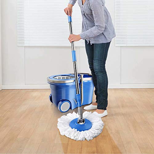 Mastertop Spin Mop Bucket With Wringer Set, 3.17 Gallon Large Bucket, Stainless Steel Floor Mop Handle, Easy Moving With Wheels, 5 Microfiber Mop Refills, 1 Floor Brush #TOP2