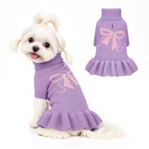 Image of YUDODO Bowknot Dog Sweater Dress for Small Dogs Girl, Stretchy Pet Clothes | Fall Winter Warm Pet Sweater, With Leash Hole, Cute Bowknot, Stretchy, Turtleneck, For Yorkies Chihuahua, Purple, S
