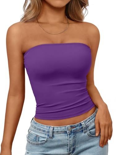 Trendy Queen Womens Strapless Tube Tops Basic Backless Sleeveless Bandeau Going Out Crop Tops Cute 2026 Summer Clothes Dark Purple S