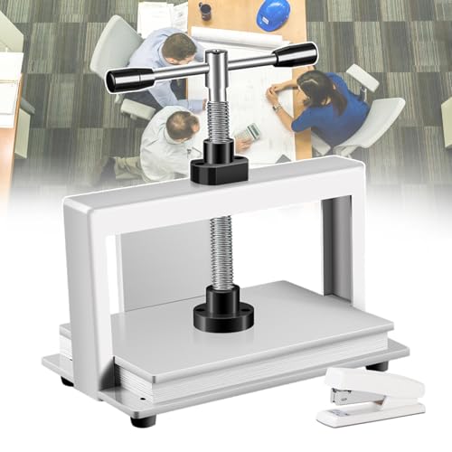 Prensa manual de papel y máquina para hacer frente a libros: con 1 grapadora, prensa de papel plana con mango en espiral para prensar papel, grosor de prensa de papel de 140 mm, para uso en la oficin