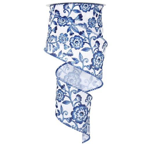 JarThenaAMCS Blue White Floral Wired Edge Ribbon Chinoiserie Flower Craft Ribbon Decorative Fabric Ribbon for Wreath Bow Making DIY Crafts Wrapping Party Decor Supplies, 1 Roll, 12 Yard