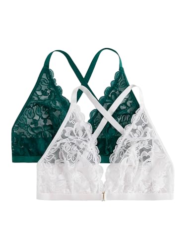 Image of MakeMeChic Women's Plus Size Lace Bralette Front Closure Bras Wireless Deep V Triangle Sexy Lace Bra