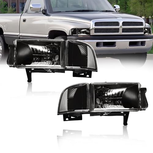 Fullux Headlights Compatible with 1994-2001 Dodge Ram 1500/1994-2002 Dodge Ram 2500 3500(DONT Fit SPORT & Ram VAN Models) Clear Reflector Black Housing
