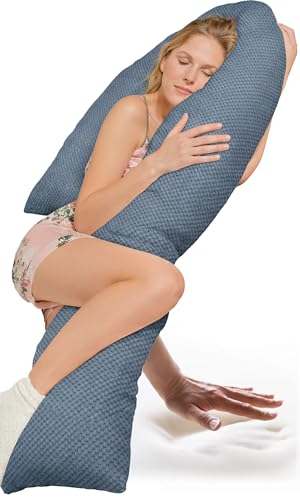 Traumreiter Seitenschläferkissen Visco J Form, L langes Wendekissen mit Memory Foam Stütze [orthopädisch] Schwangerschaftskissen zum Schlafen | Komfortkissen mit Bezug Tauben blau Deluxe