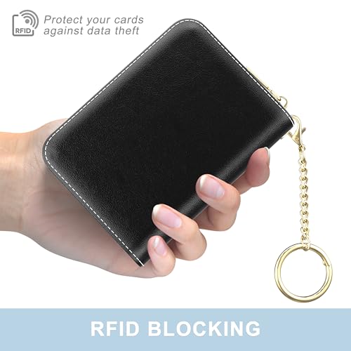 Image of Aiawoxc Credit Card Holder, Small RFID Wallet Slim Leather Card Organizer Case with Zipper and Wristlet Strap, Black