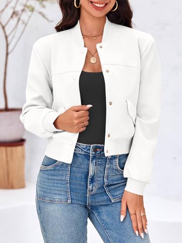 Image of Tankaneo Womens Cropped Bomber Jackets Casual Button Down Long Sleeve Stand Collar Varsity Shacket Coats