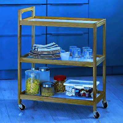 Image of 3-Tier Solid Wood Rolling Bar Cart - Wine Serving Trolley with Wheels, Kitchen Storage, Seasoning Rack - Dining Room (Brown Polish, Style 5)