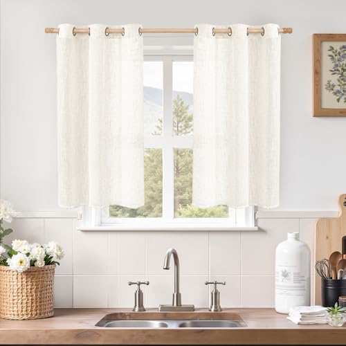 Image of LAMIT Short Sheer Linen Curtains 40 inches Long, Bronze Grommet Linen Drapes Light Filtering Semi Sheer Curtains for Small Window /Kitchen /Farmhouse, 2 Panels (34 x 40 Inch, Cream)