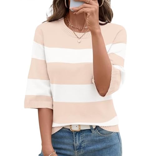 LOMON Womens Sweaters Casual Fall 2025 Crew Neck Striped 3/4 Sleeve Lightweight Knit Trendy Pullover Sweater Tops S-XL