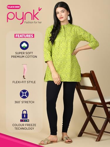Image of Lux Cozi PYNK Solid Premium Cotton Lycra Churidar Leggings for Women | Regular Fit Elastic Waist Full Length Women Leggings | Free Size