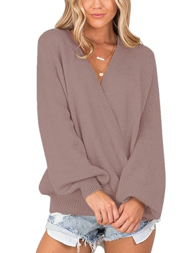 Image of LookbookStore Women's Knit Long Sleeve Faux Wrap Surplice V Neck Sweater Top