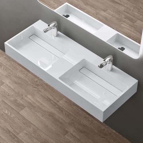 doporro Doppelwaschbecken Doppelwaschtisch 120x48x13 cm mit verstecktem Ablauf in weiß aus Mineralguss als Aufsatzwaschbecken und Hängewaschbecken geeignet Colossum12-2