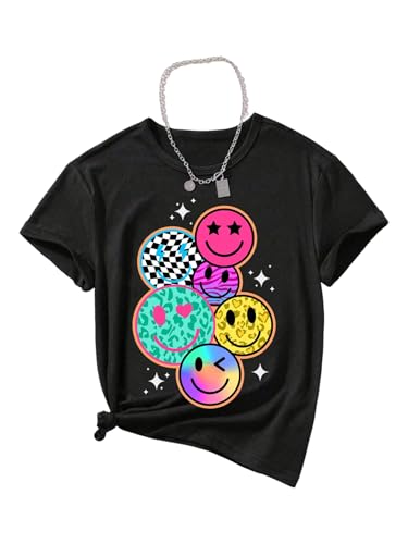 Image of Floerns Girl's Smiling Face Graphic Crew Neck T Shirt Short Sleeve Casual Cute Tee Top