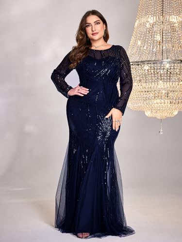 Image of Plus Size Long Sleeve Sequin Evening Dress Glitter Mermaid Long Gown for Mother of The Bride Or Wedding Guest