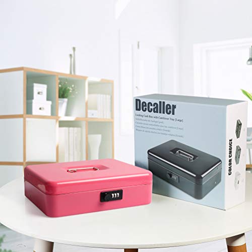 Metal Cantilever Cash Box with Key Lock, Decaller Large Lock Money Box - 5 Compartments with Cover & 4 Spring-Loaded Clips for Bills, Pink, 11 4/5\" x 9 2/5\" x 3 1/2\"