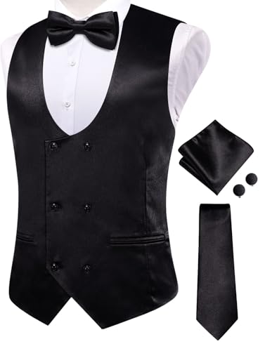 Hi-Tie Mens Satin Double-Breasted Suit Vest Tie Pre-tied Bowtie Pocket Square Cufflinks Slim Fit Wedding Business Waistcoats3