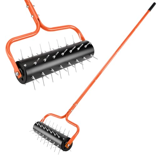 Asunrise 21' Rolling Lawn Aerator, 45 Preassembled Spikes, Only Needs 3-5 Minutes to Assemble, No Looseness, Good Package, 75' Long Handle with Quick Clip Connections, U-Shape Construction - Orange.