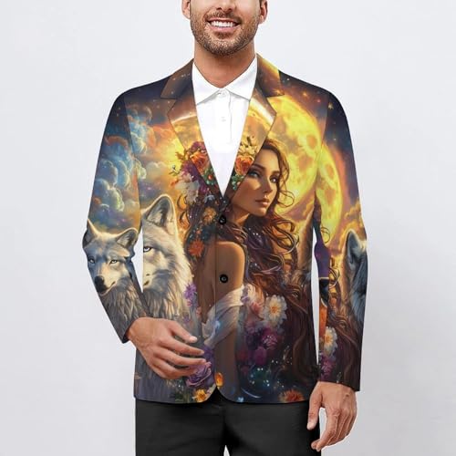 Woman With Wolf Men's Suits Business Formal Suit Dress Print Jackets Casual Wedding Party Coat2