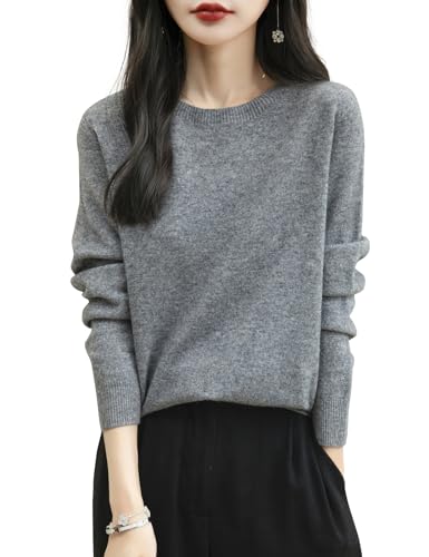 Chanyarn Women's 100% Merino Wool Sweater 2025 Fall Pullover Crewneck Long Sleeve Seamless Knit Soft Cashmere Style Winter Warm Sweater (Grey,L)
