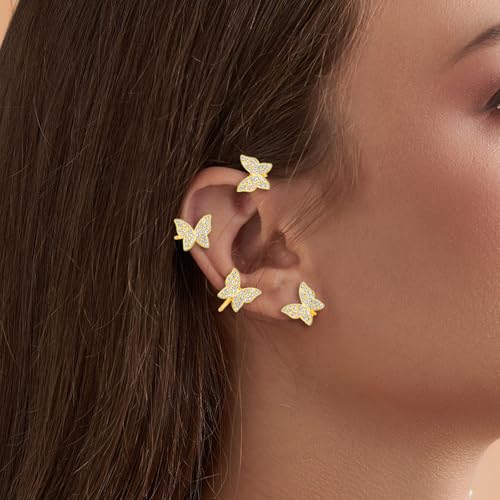 Clip On Butterfly Ear Cuffs & Wraps for Women 2 Pairs, Rhinestone Non Piercing Ear Clips, Perfect for White Party, Wedding & Bridal Jewelry3