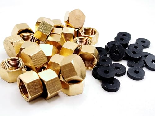 (Pack of 25) Brass 3/8'' Compression Cap Fitting for Sink Shut Off Angle Stop Water Line Valve with Sealing Rubber Gasket Washer