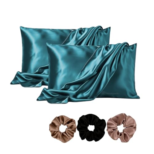 Image of Satin Pillow Covers Set of 2 - Soft & Smooth Pillowcases for Hair & Skin Care | Envelope Closure | Includes 3 Free Random Color Scrunchies | Frizz-Free Sleep Essentials (Violet)