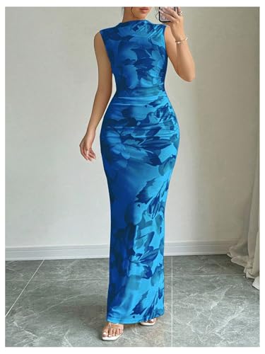 Image of BEAUDRM Women's Floral Print Midi Bodycon Dresses Split Thigh Ruched Mock Neck Fitted Tank Dress