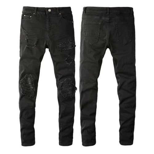 Jeans Pants Trouser Denim Black Knee Hole Patch Men's Slim Fit Stretch4
