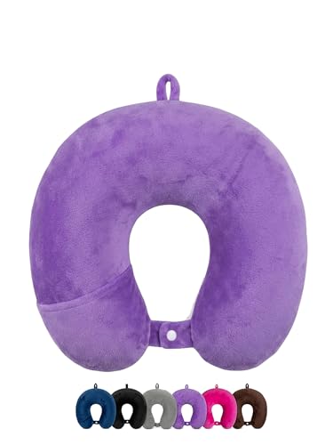Image of Premium Travel Neck Pillow with Hanging Loop Snap Button Closure for Home Office and Airplane Flight, Bus, Car, Train Travelling Neck Pillow for Travelling [Purple] (Pack of 1)