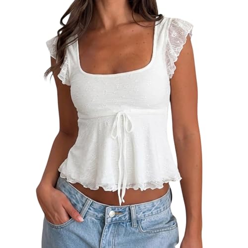 Women Lace Babydoll Top Cap Sleeve Y2k Shirt Going Out Tank Top Vintage Coquette Clothes Tie Front White S