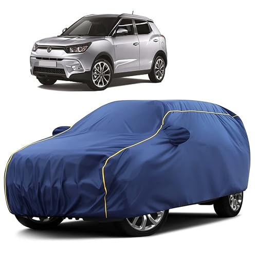 Image of Sulfar 100% Water Resistant Car Body Cover Compatible with Mirror for SsangYong Tivoli (Triple Stitched, Full Bottom Elastic, Blue Taffeta with Yellow Piping)