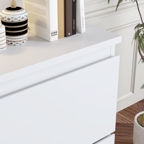 Image of Modern Nightstand with 2 Drawers, Modern Handleless Bedside Table for Small Spaces, Compact Wood End Table for Bedroom, White 15.7 inch W x 11.6 inch D x 18.9 inch H