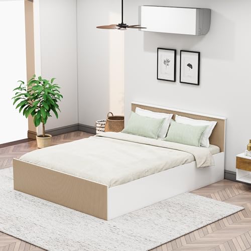 Image of Bniture Modern King Size Bed with Storage Box | Engineered Wood Bed 3D Textured Panels | Dual Tone Cupboard for Bedroom | Wooden Bed King Size with Storage (Frosty White & Giant Wood, King)