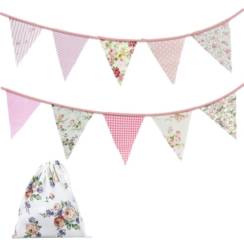 Banderines de tela de 22 pies, 24 piezas de banderines vintage, banderines de algodón reutilizables, guirnalda de bandera triangular para boda, fiesta de cumpleaños, decoración de jardín, color rosa