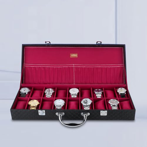 LEDO Faux Leather Men'S And Women'S Watch Box Holder Case In 18 Slots Of Watches In Black Color