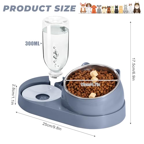 Futterstation Katzen mit Automatischer Wasserflasche 2 In 1 Erhöhte Schüssel Aus Edelstahl Anti-Erbrechen Katzennäpfe für Kleine, Mittelgroße Katzen Hunde Blau