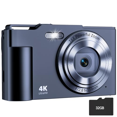 Image of Digital Camera, FHD 4K Digital Point and Shoot Camera with 16X Zoom Anti Shake, 48MP Compact Small Camera with 32GB Card for Boys Girls Kids Lamp Black