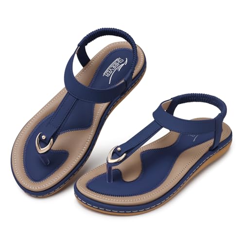 Image of SHIBEVER Womens Sandals Summer Flat: Dressy Casual T-Strap Flip Flop Thong Flats Sandals - Comfortable Walking
