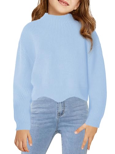Image of Haloumoning Girls Mock Neck Sweaters Kids Fall Fashion Long Batwing Sleeve Rib Knit Pullover Clothes 5-14 Years Light Blue