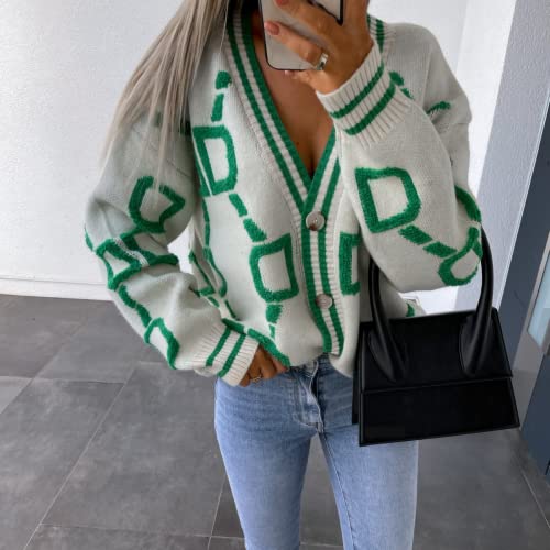 Women's Button Sweater Cardigan Long Sleeve Loose Graphic Geometric Knit Outerwear Cardigan For Women White #TOP2
