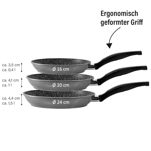 Foto von STONELINE Pfannenset 3 teilig, 16/20/24 cm, Antihaft beschichtete Pfanne mit echten Steinpartikeln, Pfanne Induktion und backofengeeignet, grau, zum Öl und Fett freiem Braten