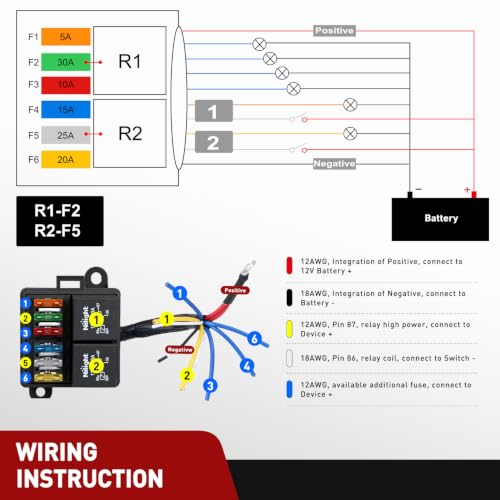 Image of Nilight 12V Fuse Relay Box 2 Relays 4pin 80A 6 Fuses Pre-Wired Block Kit | 6-Way ATC /ATO Blade Fuses Holder 12AWG Pre-Wired Relay Box Universal for Automotive Car Truck Camper Boat