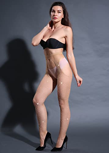 Image of CHRLEISURE Women's Sparkle Rhinestone Fishnets, Sexy Sparkly Glitter Party Concert Outfit Fishnet Stockings