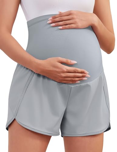 Image of PACBREEZE Women's Maternity Shorts Over Belly Quick Dry Workout Athletic Running Shorts with Zipper Pockets